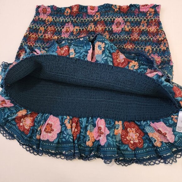 Farm Rio‎ Anthropologie Smocked Flounce Mini Skirt XL Blue Pink Floral Stretchy - Picture 4 of 10